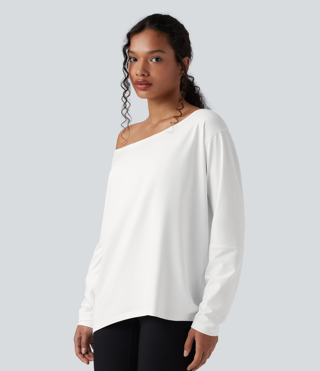 One-shoulder Long Sleeve Relaxed Yoga Sports Top — White — view 3