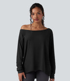 One-shoulder Long Sleeve Relaxed Yoga Sports Top — Black — view 6