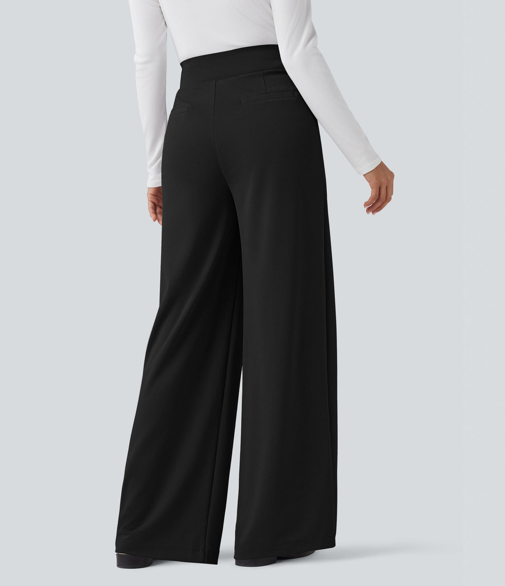 High Waisted Tummy Control Crepe Work Straight Leg Trousers with Pockets — Black — view 2
