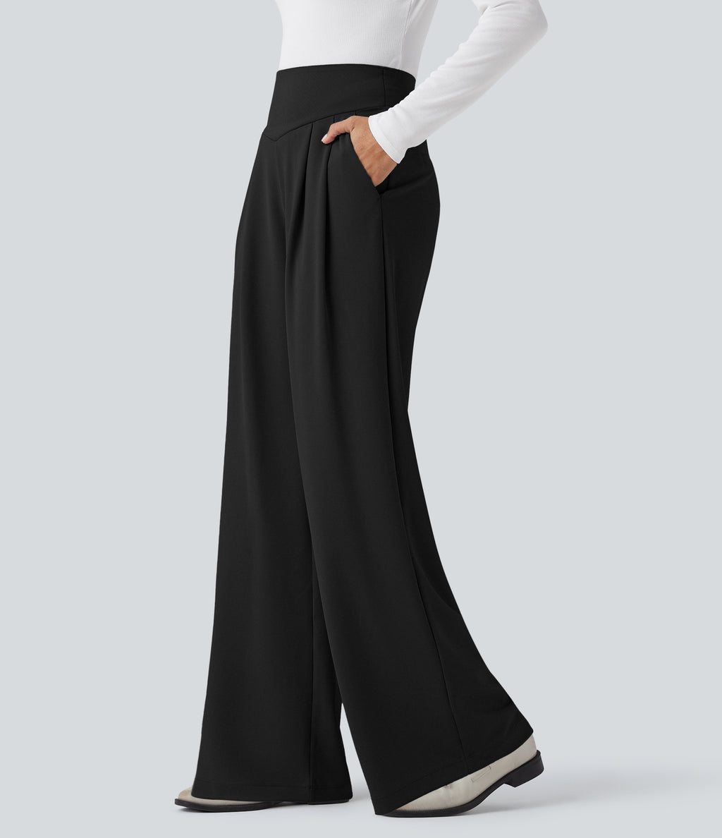 High Waisted Tummy Control Crepe Work Straight Leg Trousers with Pockets — Black — view 3