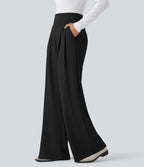 High Waisted Tummy Control Crepe Work Straight Leg Trousers with Pockets — Black — view 3