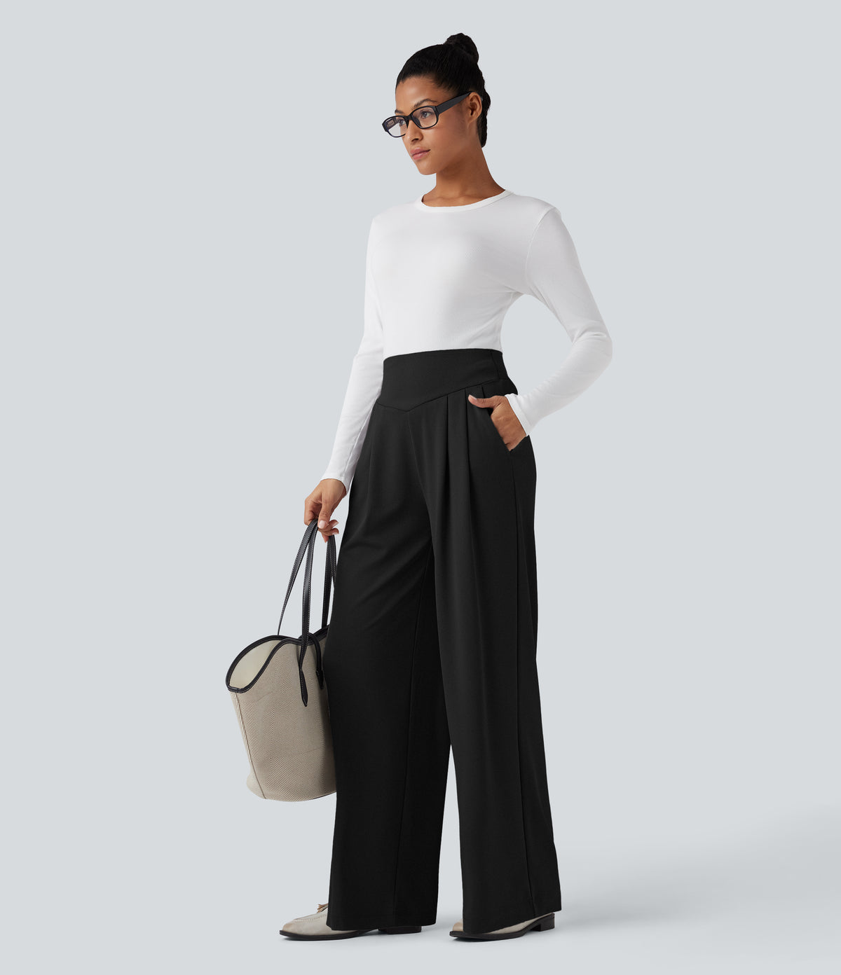 High Waisted Tummy Control Crepe Work Straight Leg Trousers with Pockets — Black — view 6