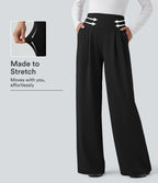 High Waisted Tummy Control Crepe Work Straight Leg Trousers with Pockets — Black — view 1