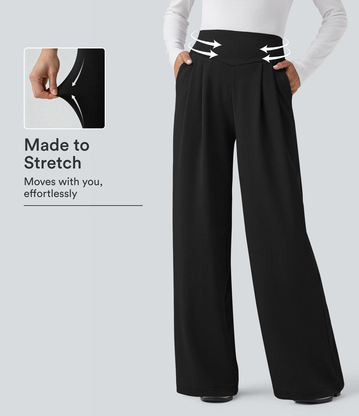 High Waisted Tummy Control Crepe Work Straight Leg Trousers with Pockets — Black — view 1