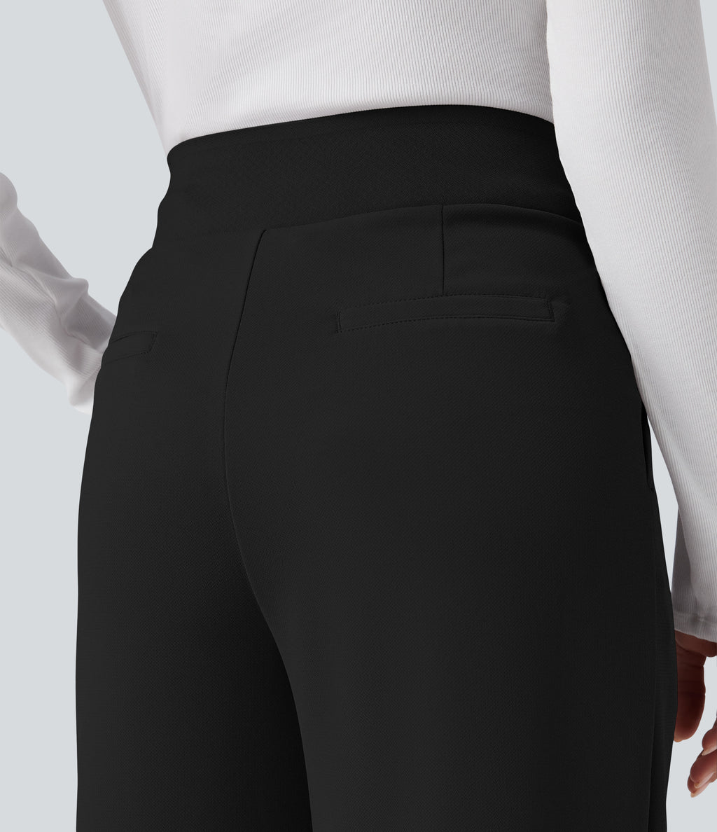 High Waisted Tummy Control Crepe Work Straight Leg Trousers with Pockets — Black — view 5