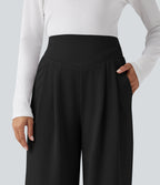 High Waisted Tummy Control Crepe Work Straight Leg Trousers with Pockets — Black — view 4