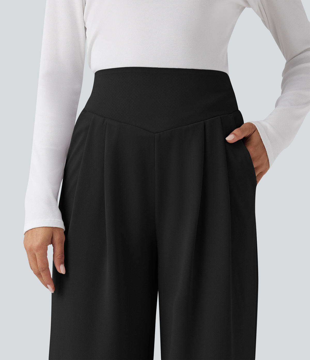 High Waisted Tummy Control Crepe Work Straight Leg Trousers with Pockets — Black — view 4