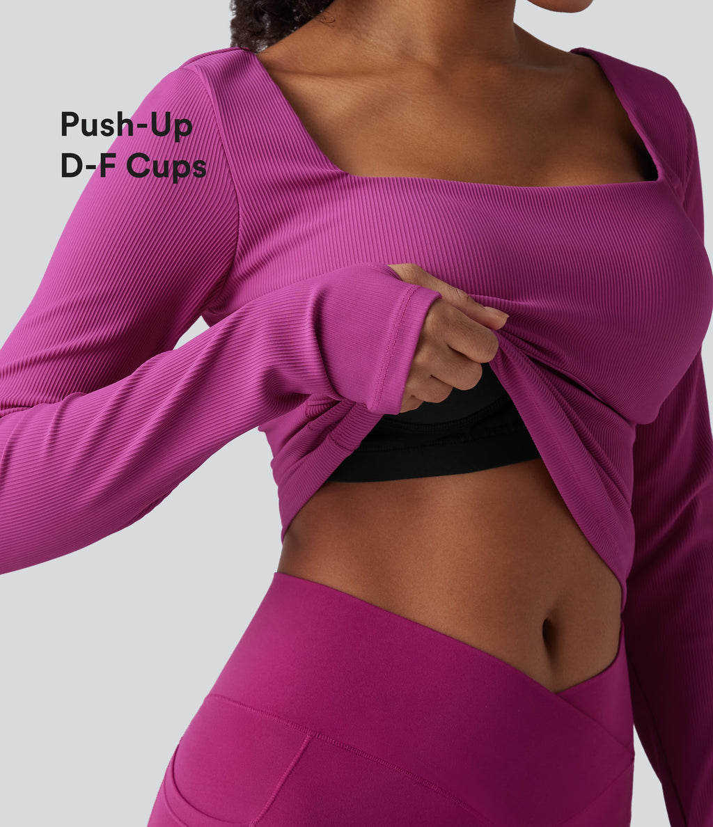 Ribbed Square Neck Push-Up Long Sleeve Thumb Hole Yoga Sports Top DD-F Cups — Purple Orchid — view 1
