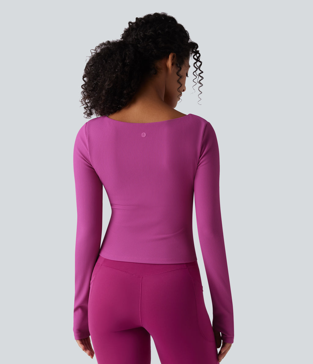 Ribbed Square Neck Push-Up Long Sleeve Thumb Hole Yoga Sports Top DD-F Cups — Purple Orchid — view 3
