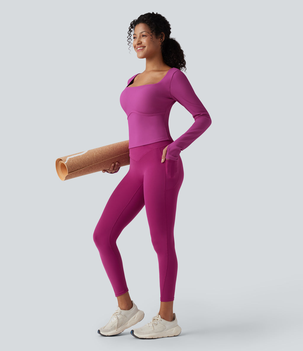 Ribbed Square Neck Push-Up Long Sleeve Thumb Hole Yoga Sports Top DD-F Cups — Purple Orchid — view 8