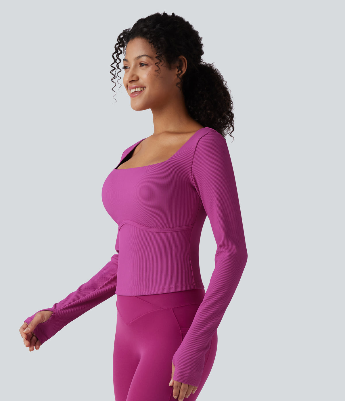 Ribbed Square Neck Push-Up Long Sleeve Thumb Hole Yoga Sports Top DD-F Cups — Purple Orchid — view 4
