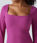Ribbed Square Neck Push-Up Long Sleeve Thumb Hole Yoga Sports Top DD-F Cups — Purple Orchid — view 5
