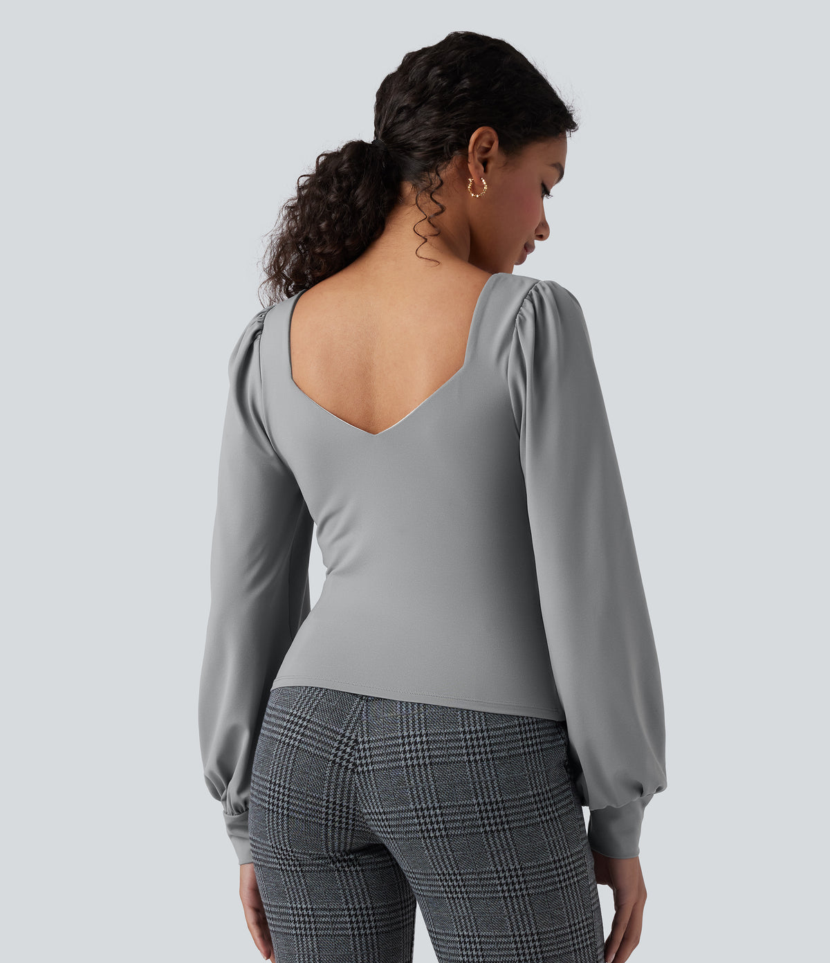 Sweetheart Neck Push-Up Puff Long Sleeve Work Top DD-F Cups — Ultimate Gray — view 3