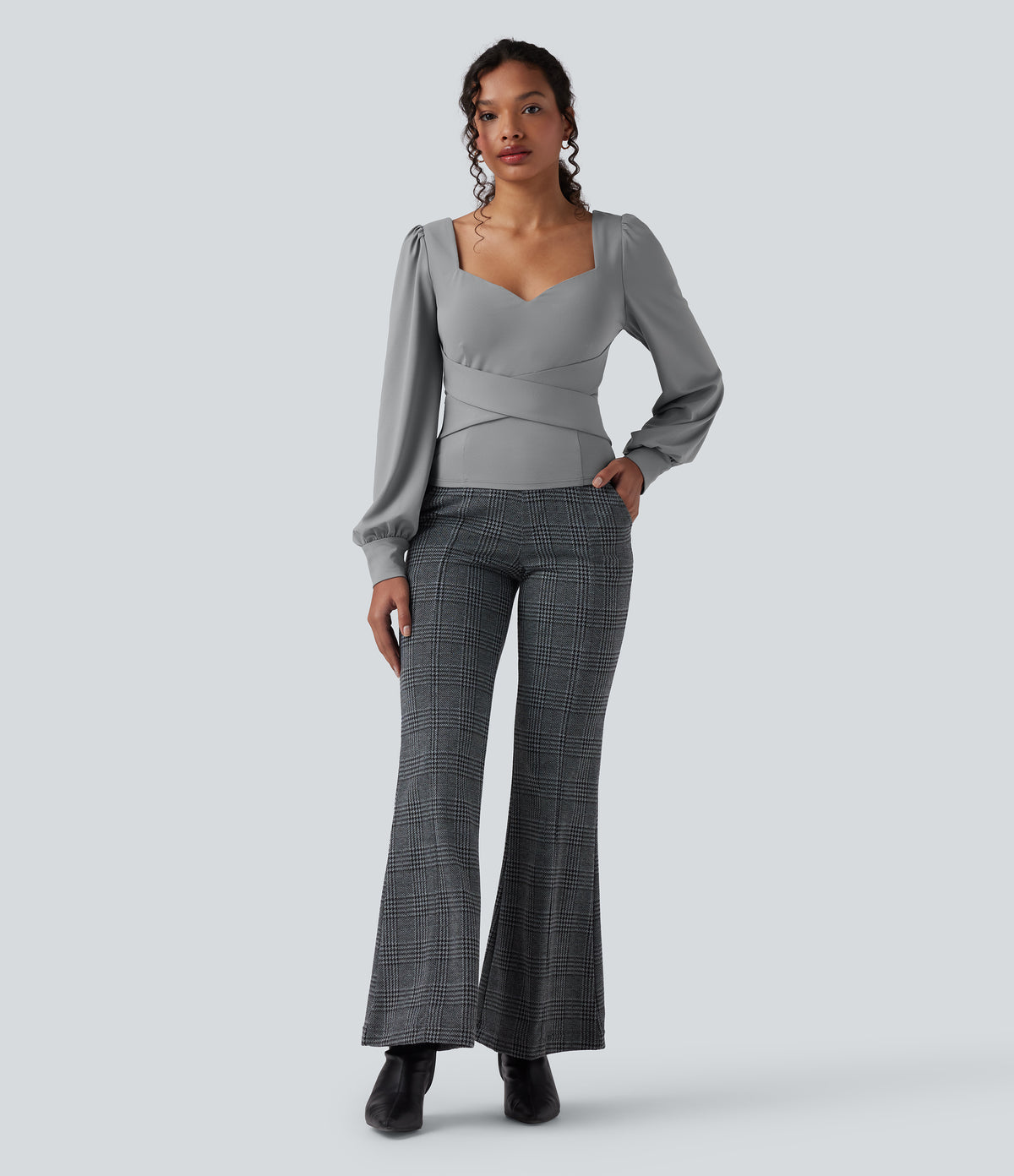 Sweetheart Neck Push-Up Puff Long Sleeve Work Top DD-F Cups — Ultimate Gray — view 6