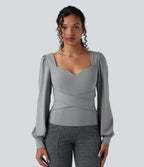 Sweetheart Neck Push-Up Puff Long Sleeve Work Top DD-F Cups — Ultimate Gray — view 2