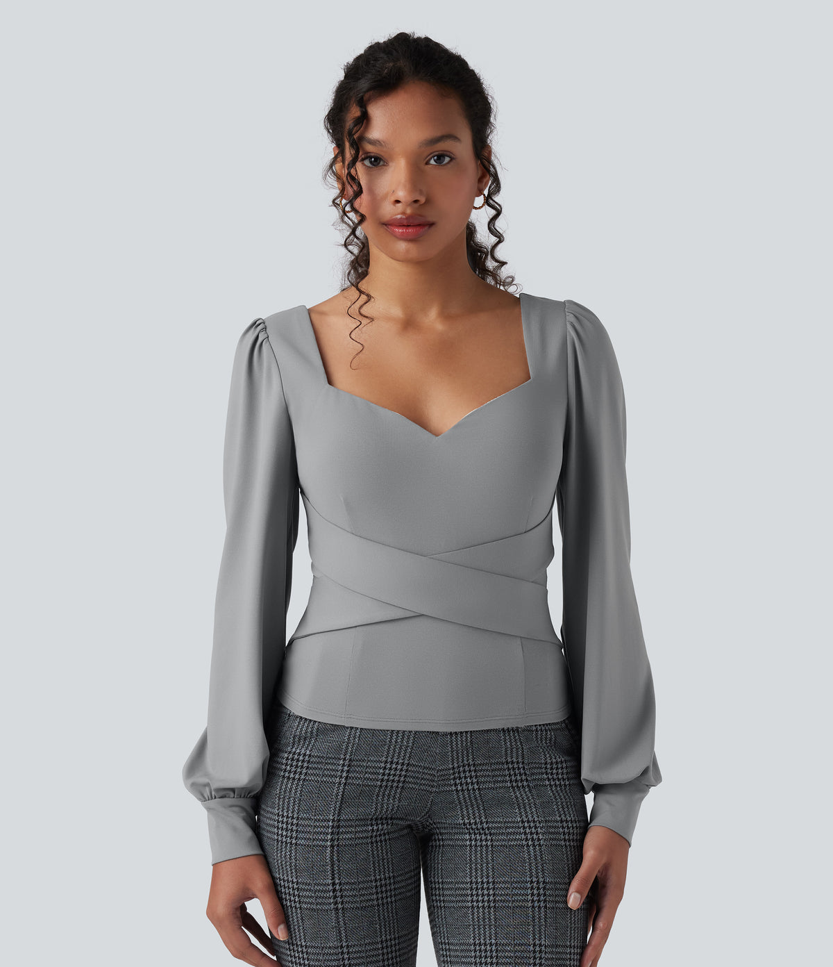 Sweetheart Neck Push-Up Puff Long Sleeve Work Top DD-F Cups — Ultimate Gray — view 2