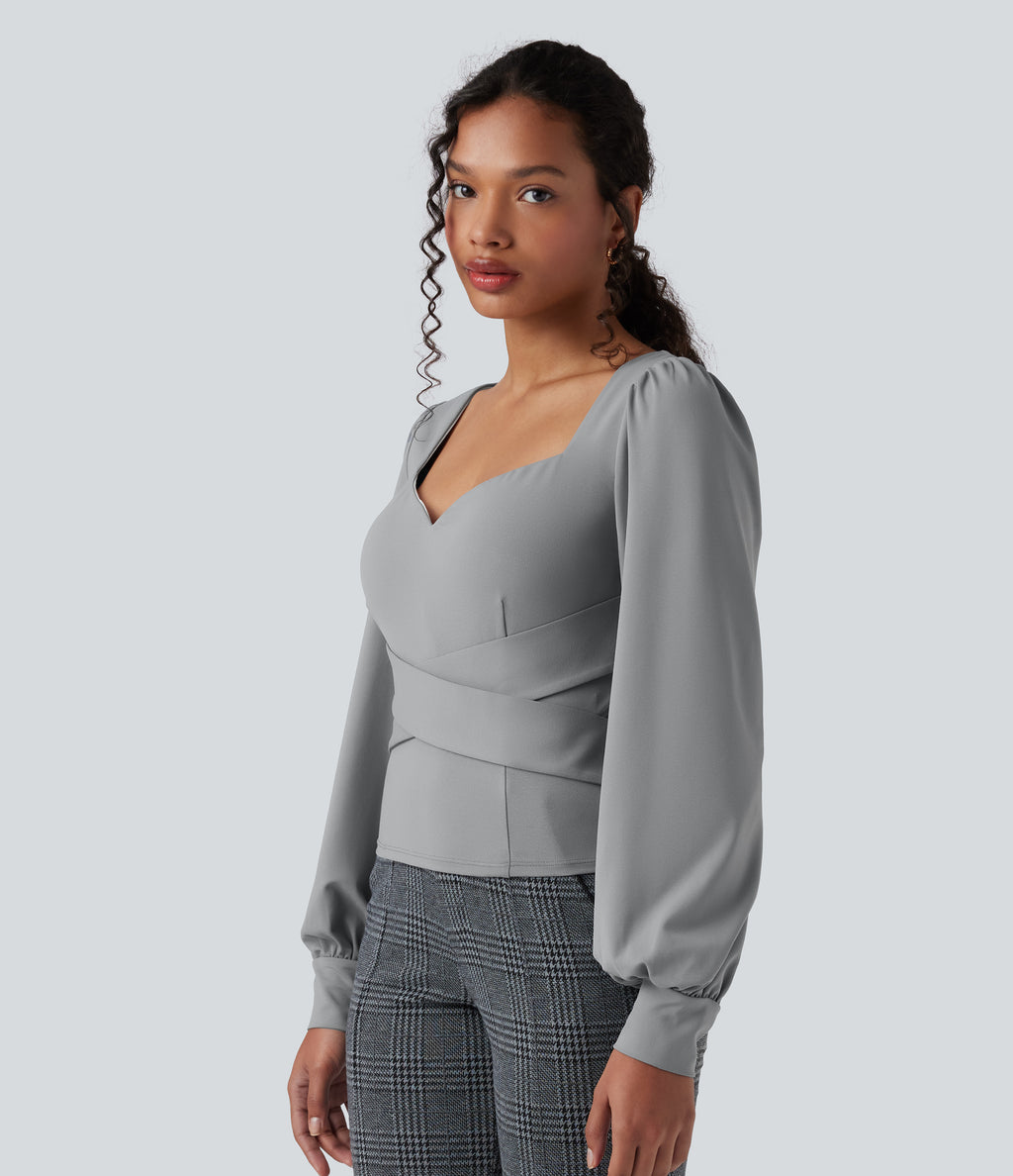 Sweetheart Neck Push-Up Puff Long Sleeve Work Top DD-F Cups — Ultimate Gray — view 4
