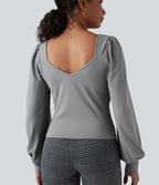 Sweetheart Neck Push-Up Puff Long Sleeve Work Top DD-F Cups — Ultimate Gray — view 5