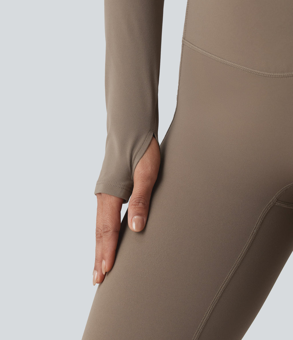 Push-Up Long Sleeve Thumb Holes Crossover Hem Cropped Workout Sports Top — Dawn Brown — view 5