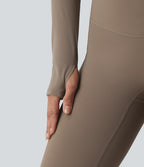 Push-Up Long Sleeve Thumb Holes Crossover Hem Cropped Workout Sports Top — Dawn Brown — view 5