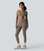 Push-Up Long Sleeve Thumb Holes Crossover Hem Cropped Workout Sports Top — Dawn Brown — view 6