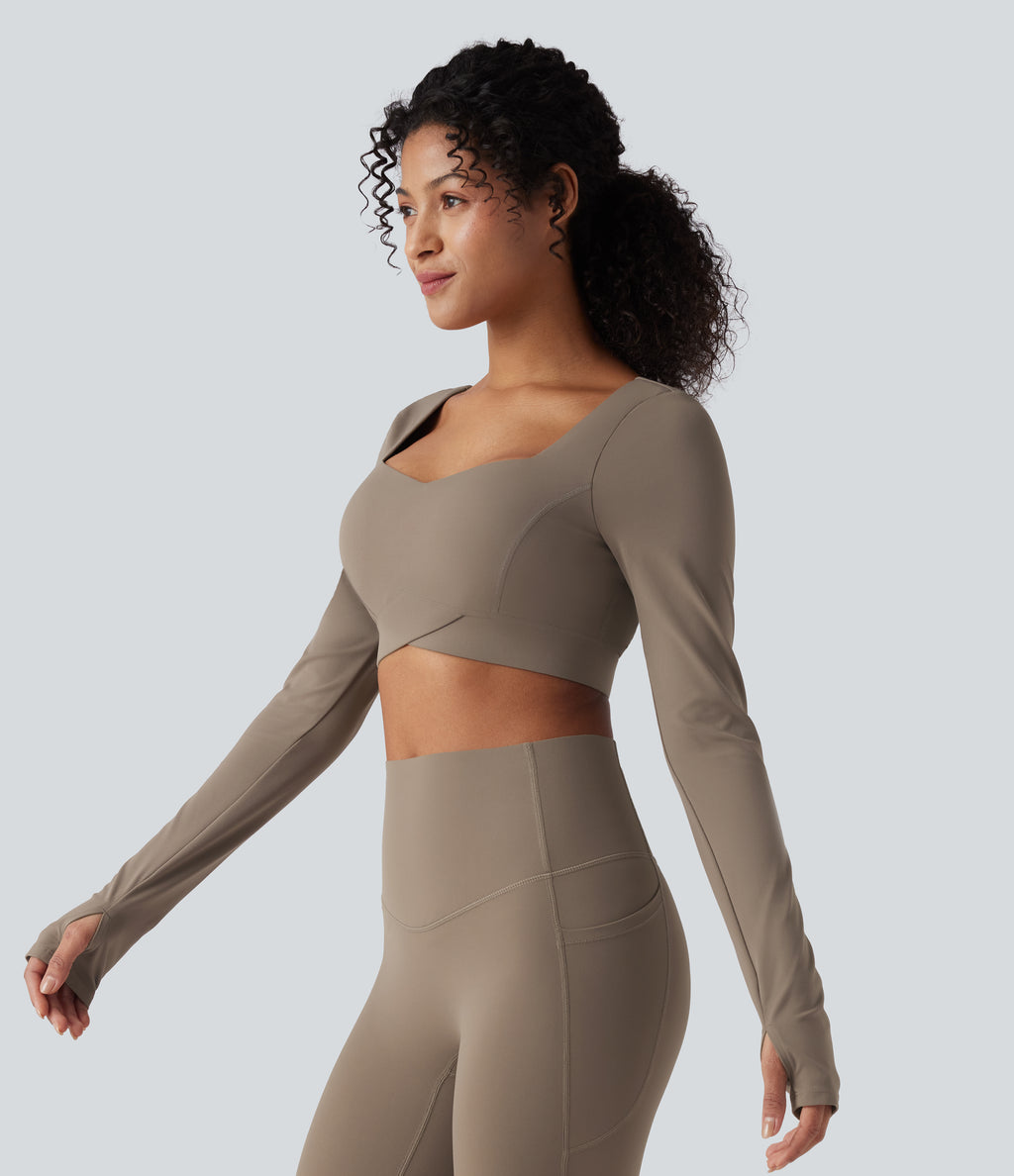 Push-Up Long Sleeve Thumb Holes Crossover Hem Cropped Workout Sports Top — Dawn Brown — view 4
