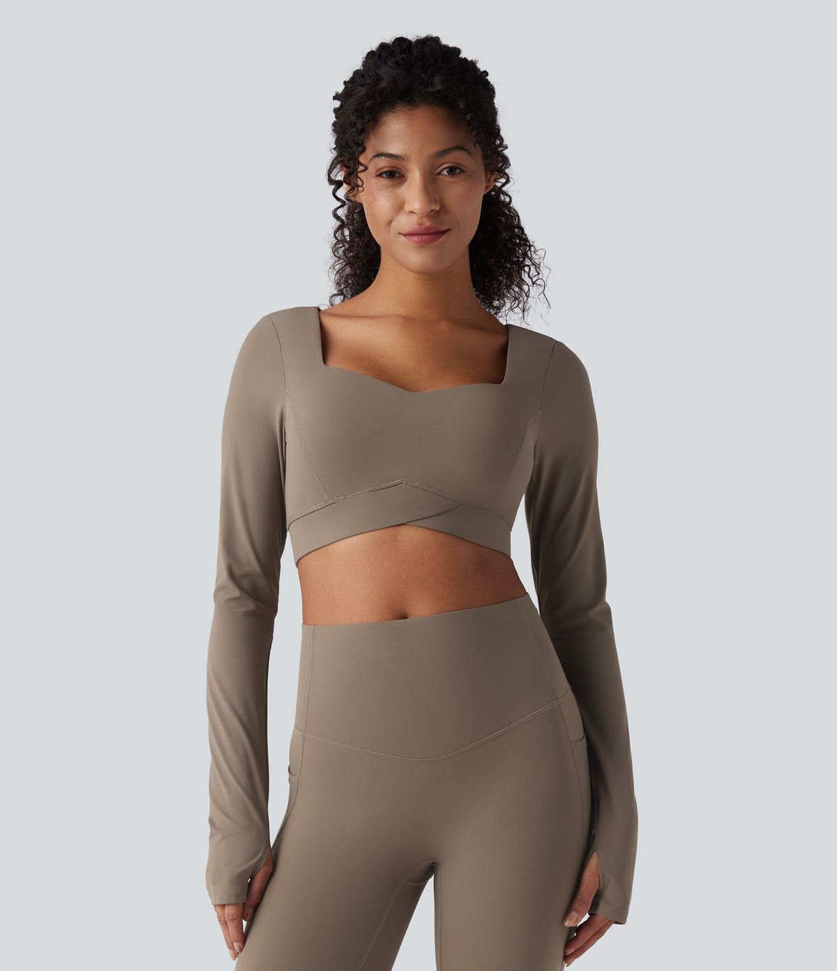 Push-Up Long Sleeve Thumb Holes Crossover Hem Cropped Workout Sports Top — Dawn Brown — view 2