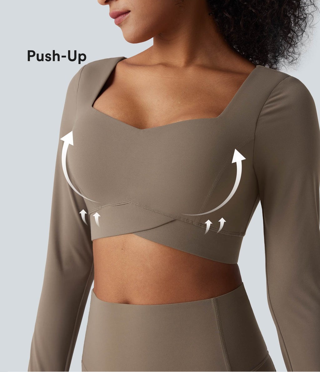 Push-Up Long Sleeve Thumb Holes Crossover Hem Cropped Workout Sports Top — Dawn Brown — view 1