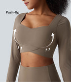 Push-Up Long Sleeve Thumb Holes Crossover Hem Cropped Workout Sports Top — Dawn Brown — view 1