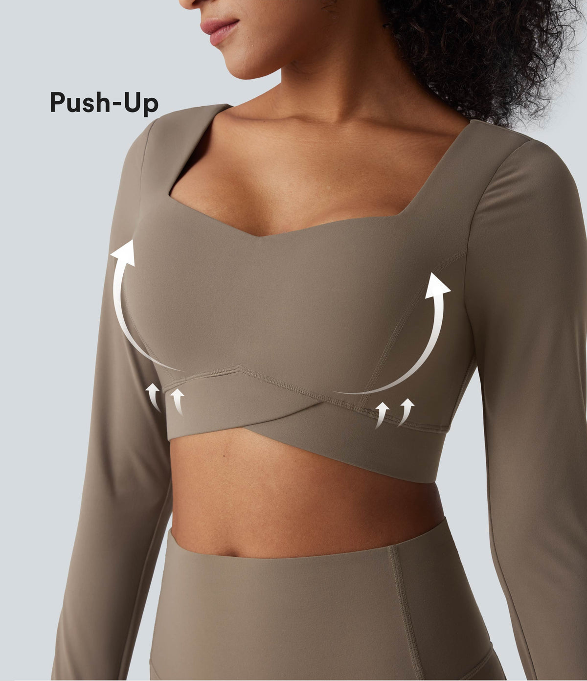 Push-Up Long Sleeve Thumb Holes Crossover Hem Cropped Workout Sports Top — Dawn Brown — view 1