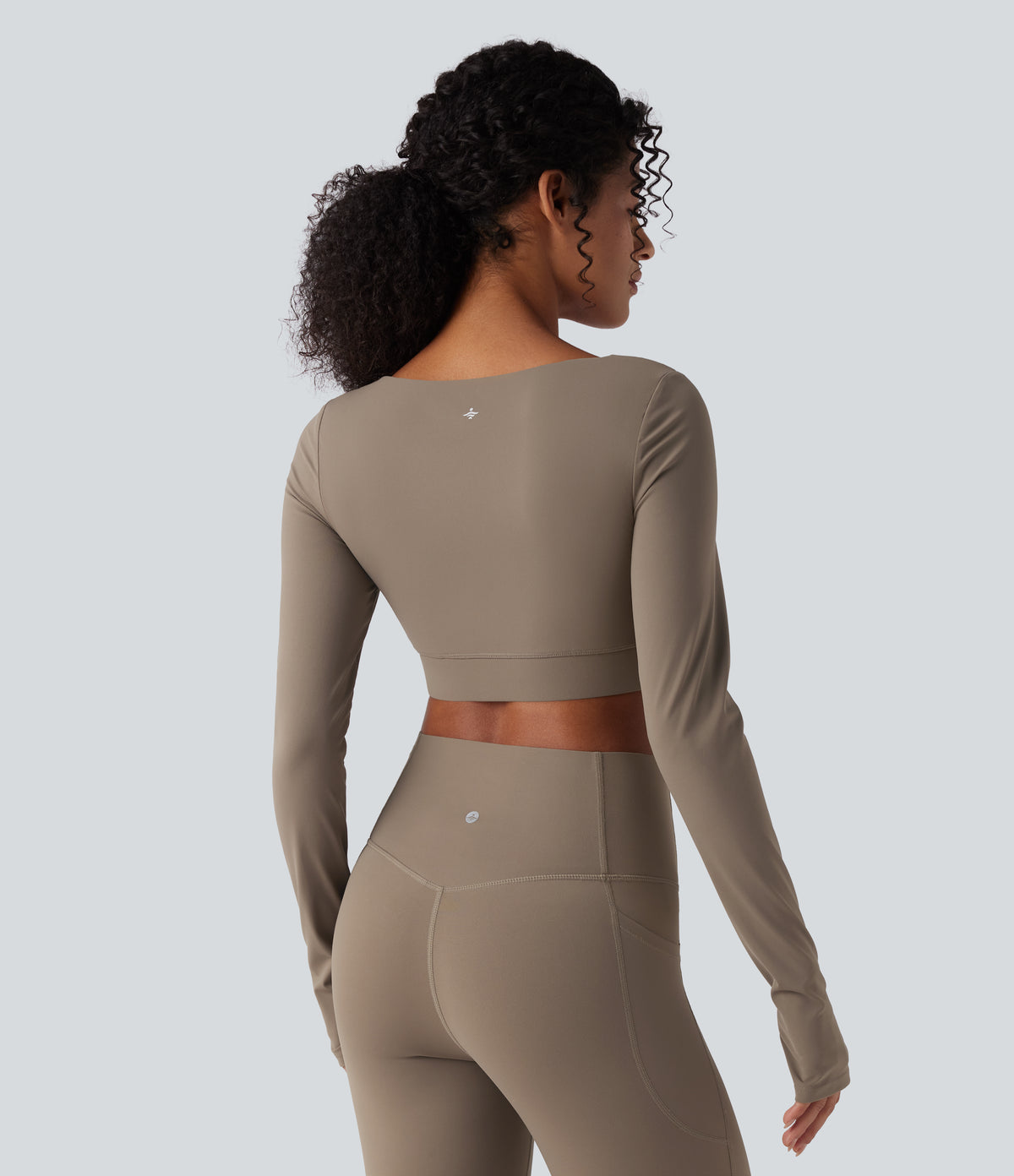 Push-Up Long Sleeve Thumb Holes Crossover Hem Cropped Workout Sports Top — Dawn Brown — view 3