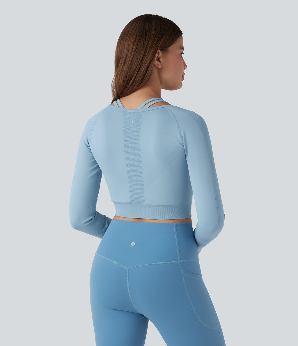 OneForm Seamless Flow Raglan Long Sleeve Cropped 2-in-1 Yoga Sports Top — Glacier Lake — view 3