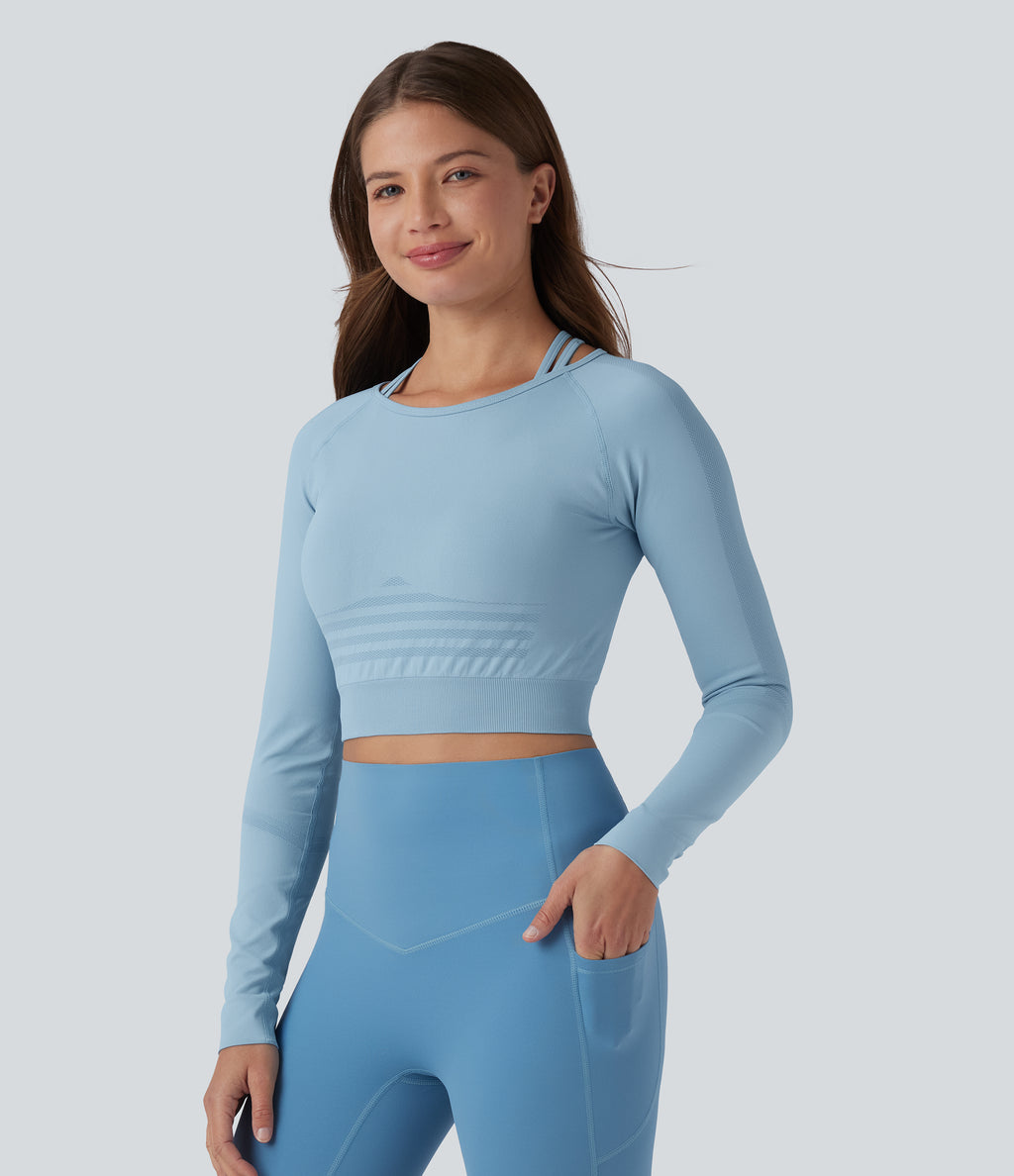 OneForm Seamless Flow Raglan Long Sleeve Cropped 2-in-1 Yoga Sports Top — Glacier Lake — view 4
