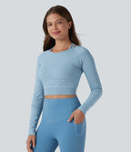 OneForm Seamless Flow Raglan Long Sleeve Cropped 2-in-1 Yoga Sports Top — Glacier Lake — view 4