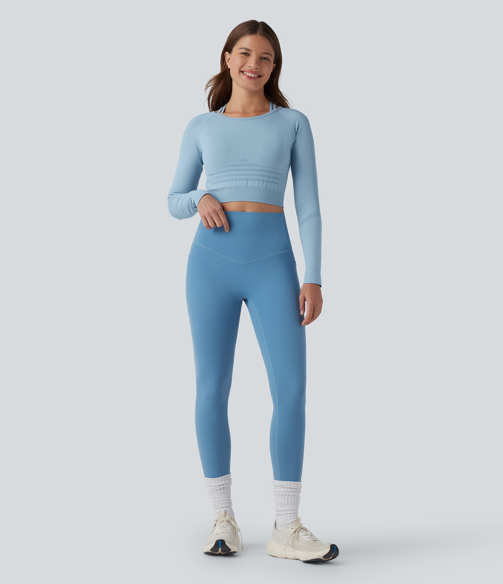 OneForm Seamless Flow Raglan Long Sleeve Cropped 2-in-1 Yoga Sports Top — Glacier Lake — view 6