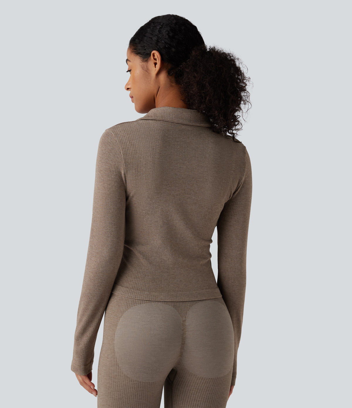 OneForm Seamless Flow Zipper Long Sleeve Yoga Warming Jacket — Desert Taupe — view 2