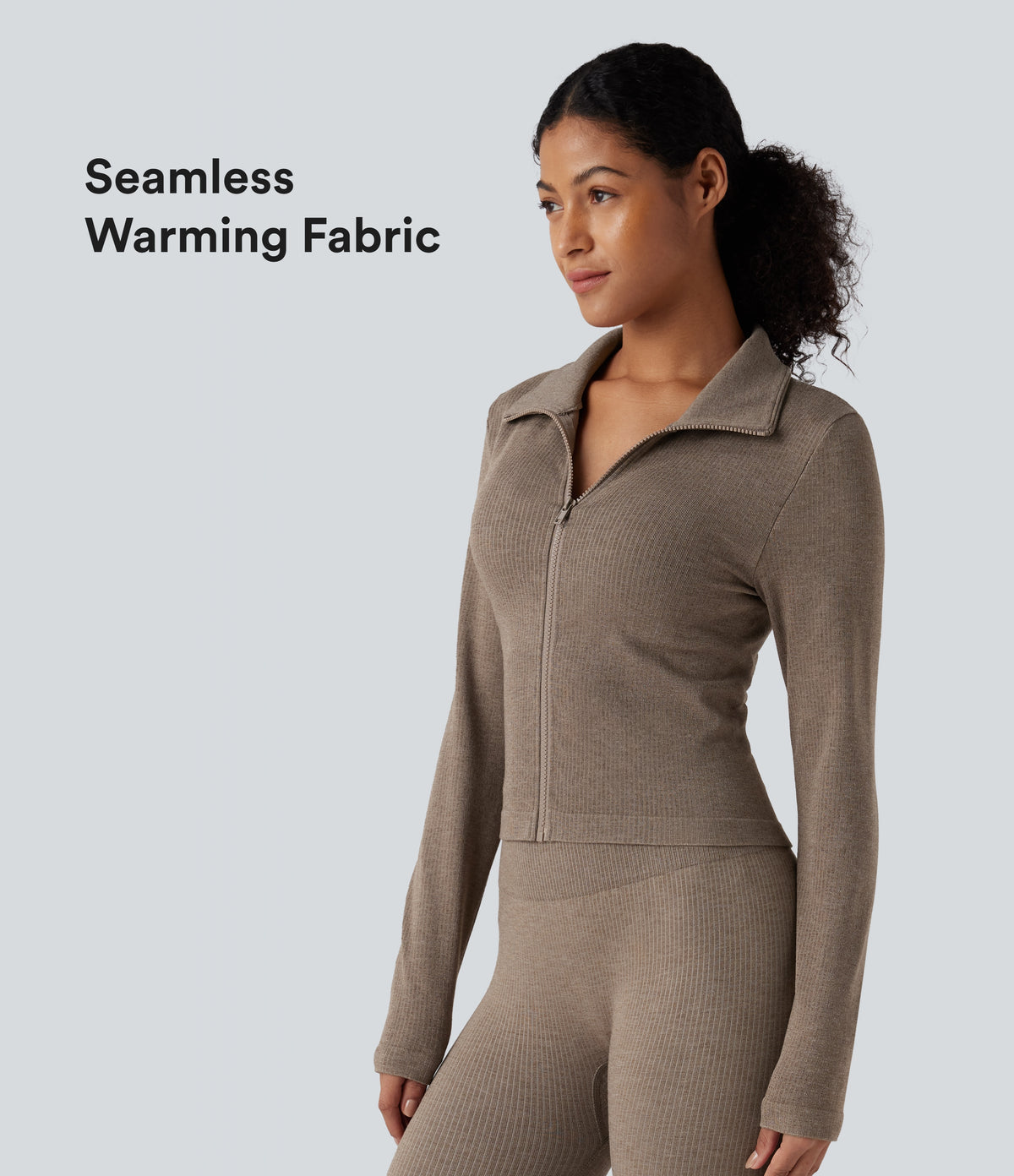 OneForm Seamless Flow Zipper Long Sleeve Yoga Warming Jacket — Desert Taupe — view 1