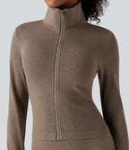 OneForm Seamless Flow Zipper Long Sleeve Yoga Warming Jacket — Desert Taupe — view 4