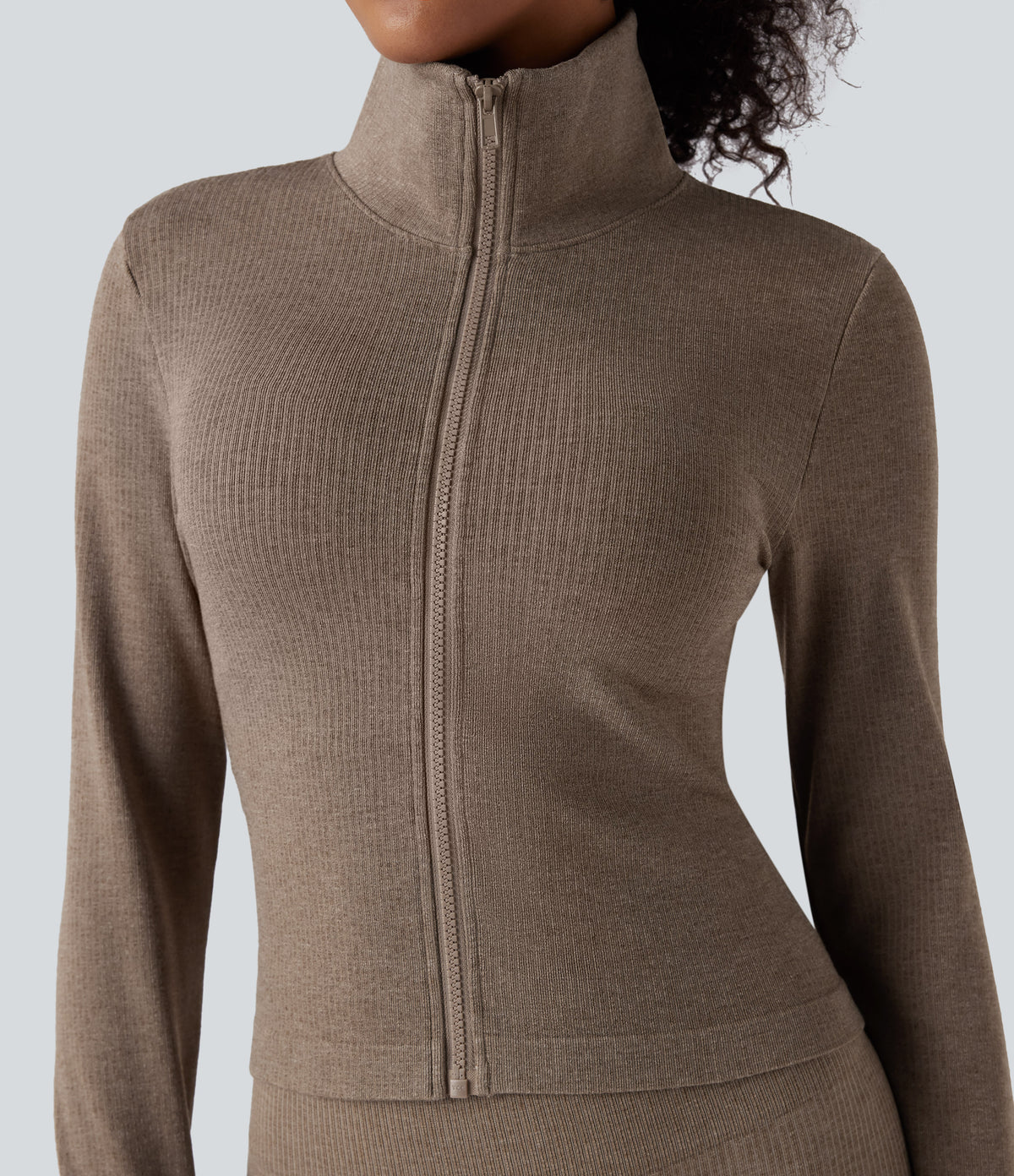 OneForm Seamless Flow Zipper Long Sleeve Yoga Warming Jacket — Desert Taupe — view 4