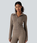 OneForm Seamless Flow Zipper Long Sleeve Yoga Warming Jacket — Desert Taupe — view 3
