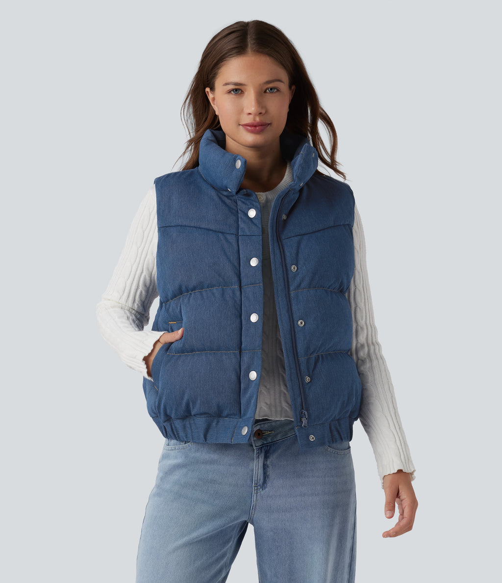 Denim Stand Collar Casual Puffer Vest with Pockets — Malibu Blue Denim — view 1
