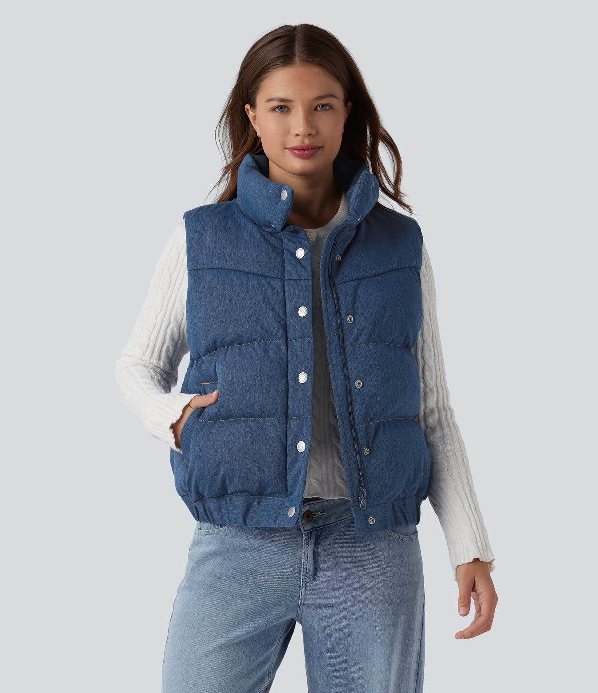 Denim Stand Collar Casual Puffer Vest with Pockets — Malibu Blue Denim — view 1