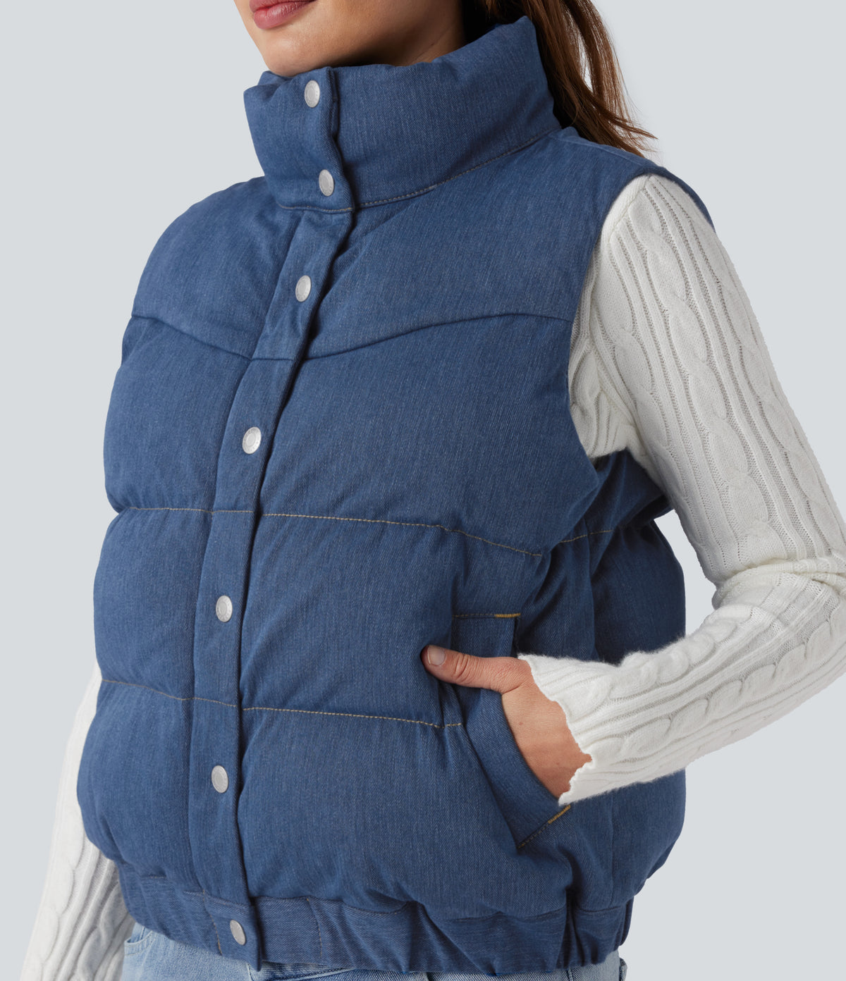 Denim Stand Collar Casual Puffer Vest with Pockets — Malibu Blue Denim — view 4