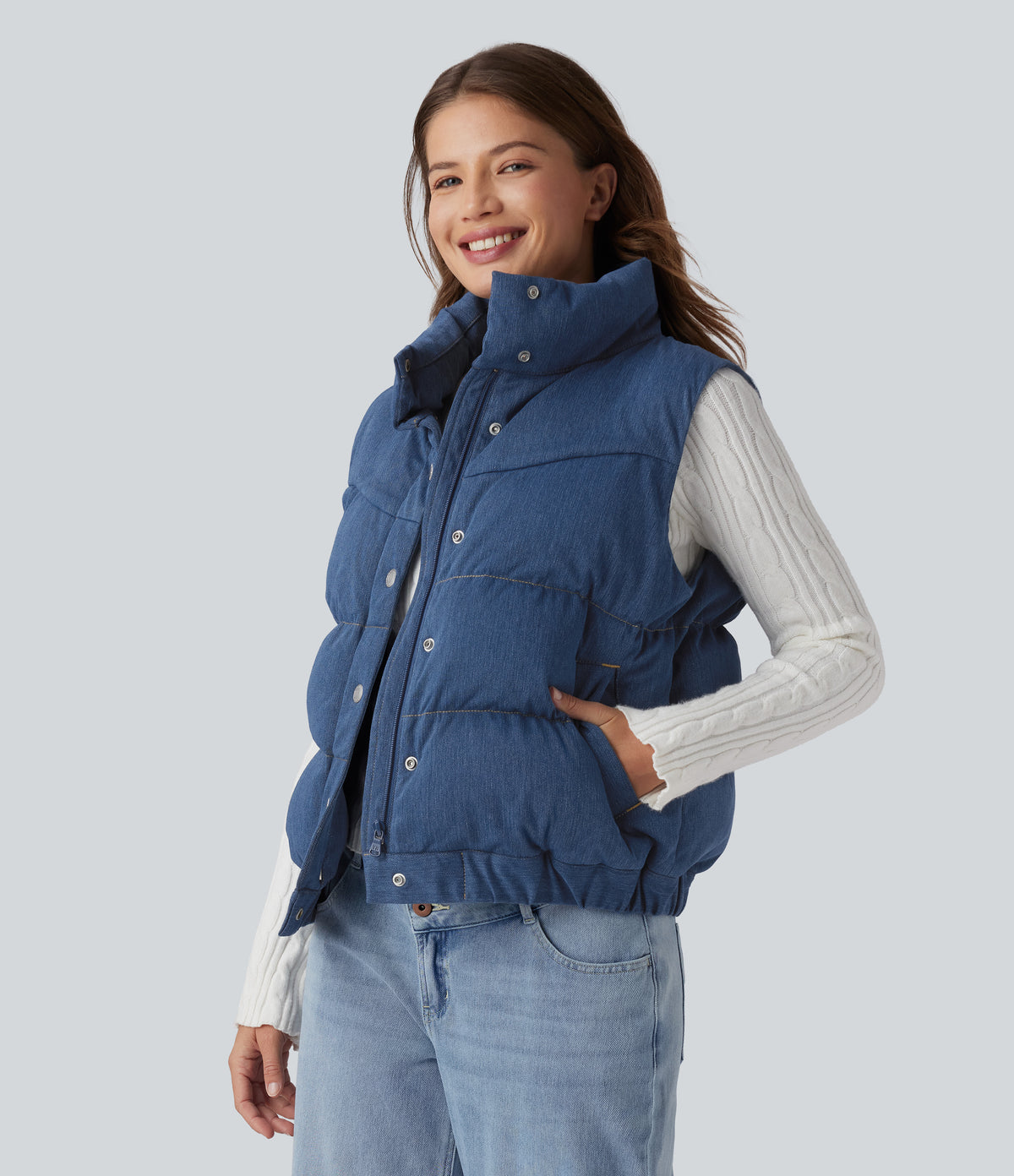 Denim Stand Collar Casual Puffer Vest with Pockets — Malibu Blue Denim — view 3