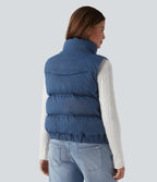 Denim Stand Collar Casual Puffer Vest with Pockets — Malibu Blue Denim — view 2