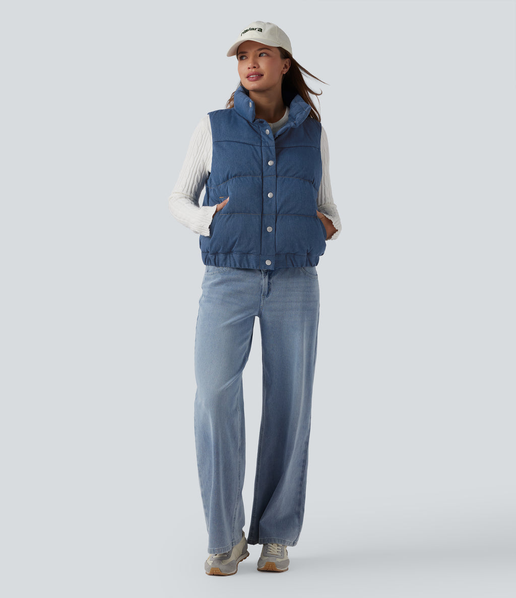 Denim Stand Collar Casual Puffer Vest with Pockets — Malibu Blue Denim — view 5