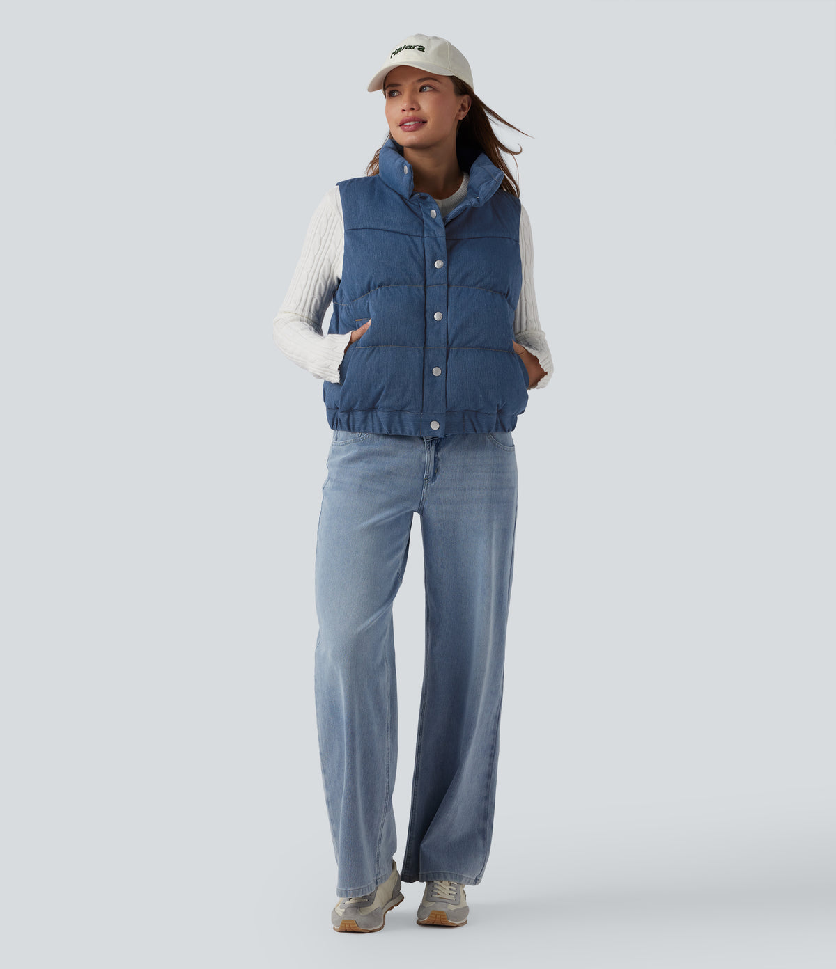 Denim Stand Collar Casual Puffer Vest with Pockets — Malibu Blue Denim — view 5