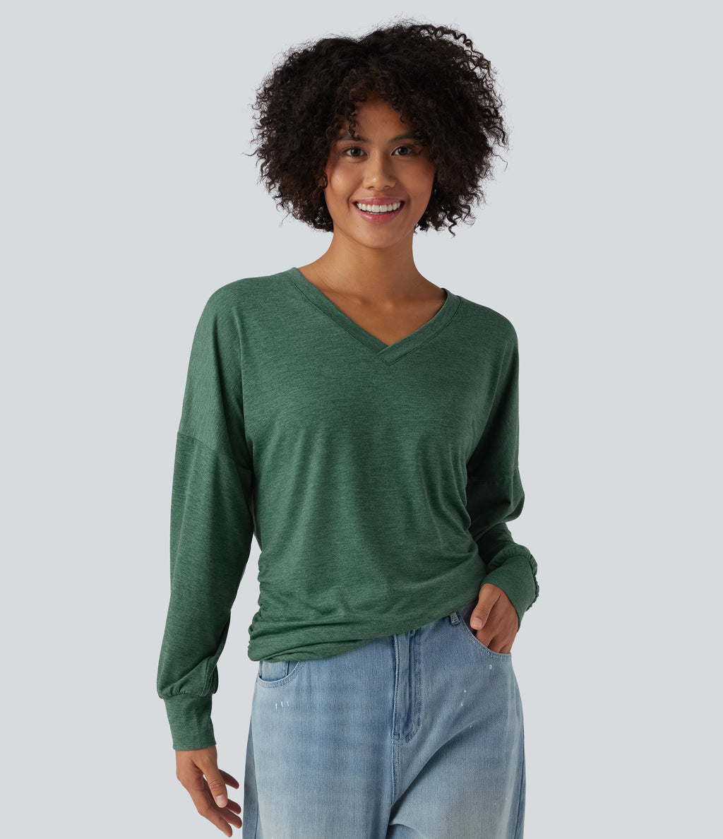 V Neck Long Sleeve Ruched Relaxed Casual T-Shirt — Emerald Floral Yarn — view 1