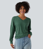 V Neck Long Sleeve Ruched Relaxed Casual T-Shirt — Emerald Floral Yarn — view 1