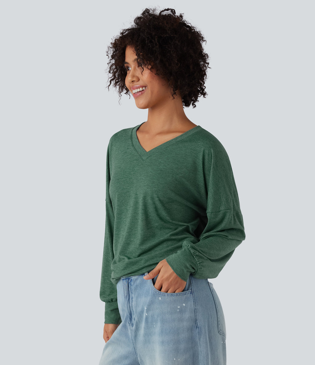 V Neck Long Sleeve Ruched Relaxed Casual T-Shirt — Emerald Floral Yarn — view 3